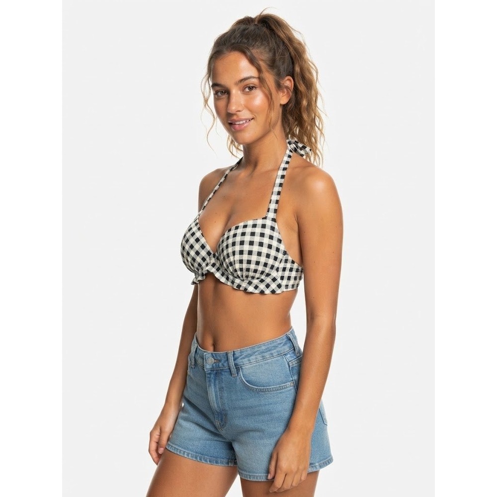 Retro Gingham Bikini Top Womens Medium Black White Excellent Padded Halter Neck